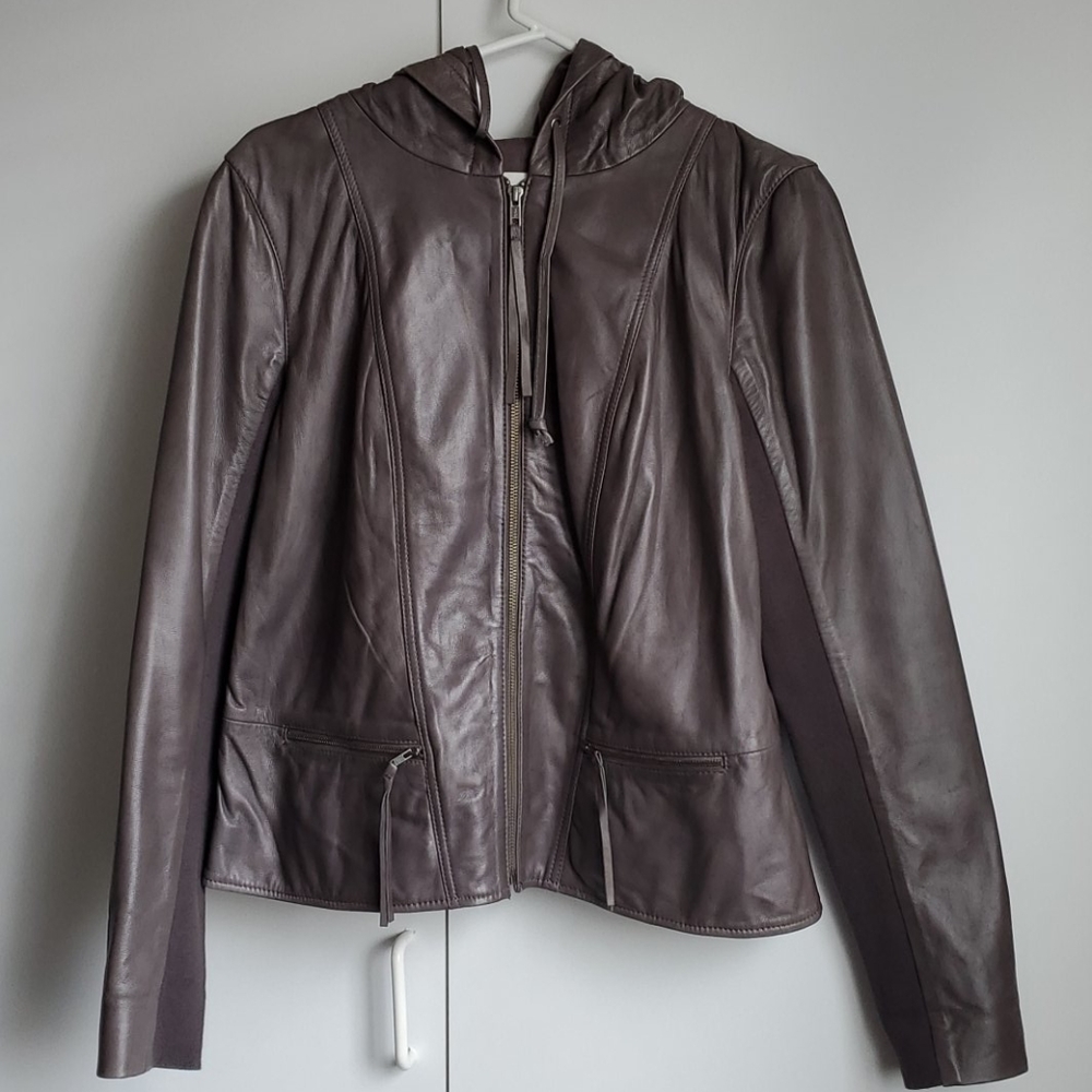 Hinge Taupe Hooded Leather Jacket